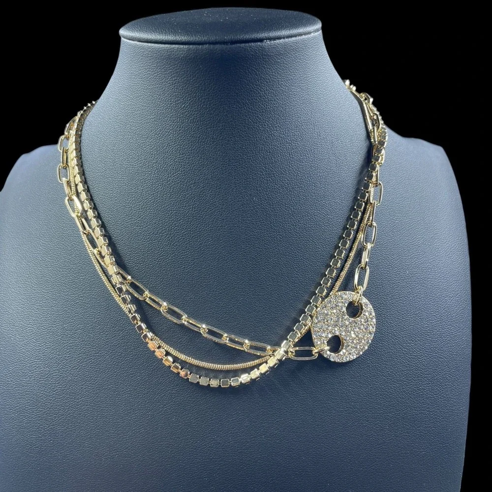 Layered Gold Chain Necklace Crystal Yin Yang Pendant Statement‎ Y2K Glam Jewelry